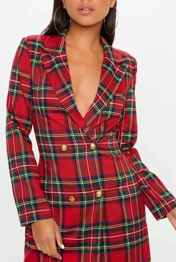 Plaid V-neck Long Sleeve Mini Dress