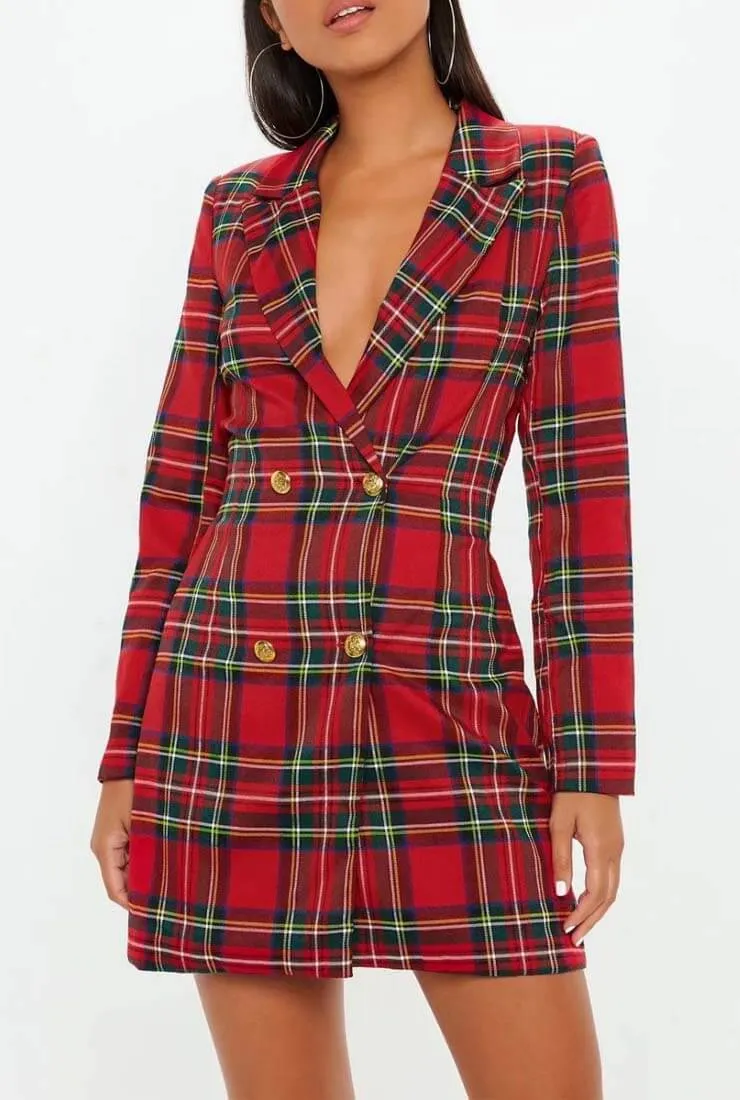 Plaid V-neck Long Sleeve Mini Dress