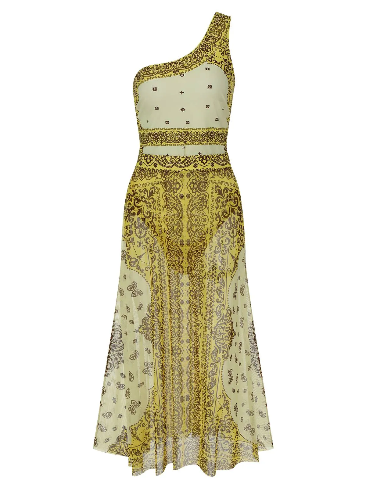 [Plus Size] 2PCS Yellow 1960s One-shoulder Swimsuit & Cover Up