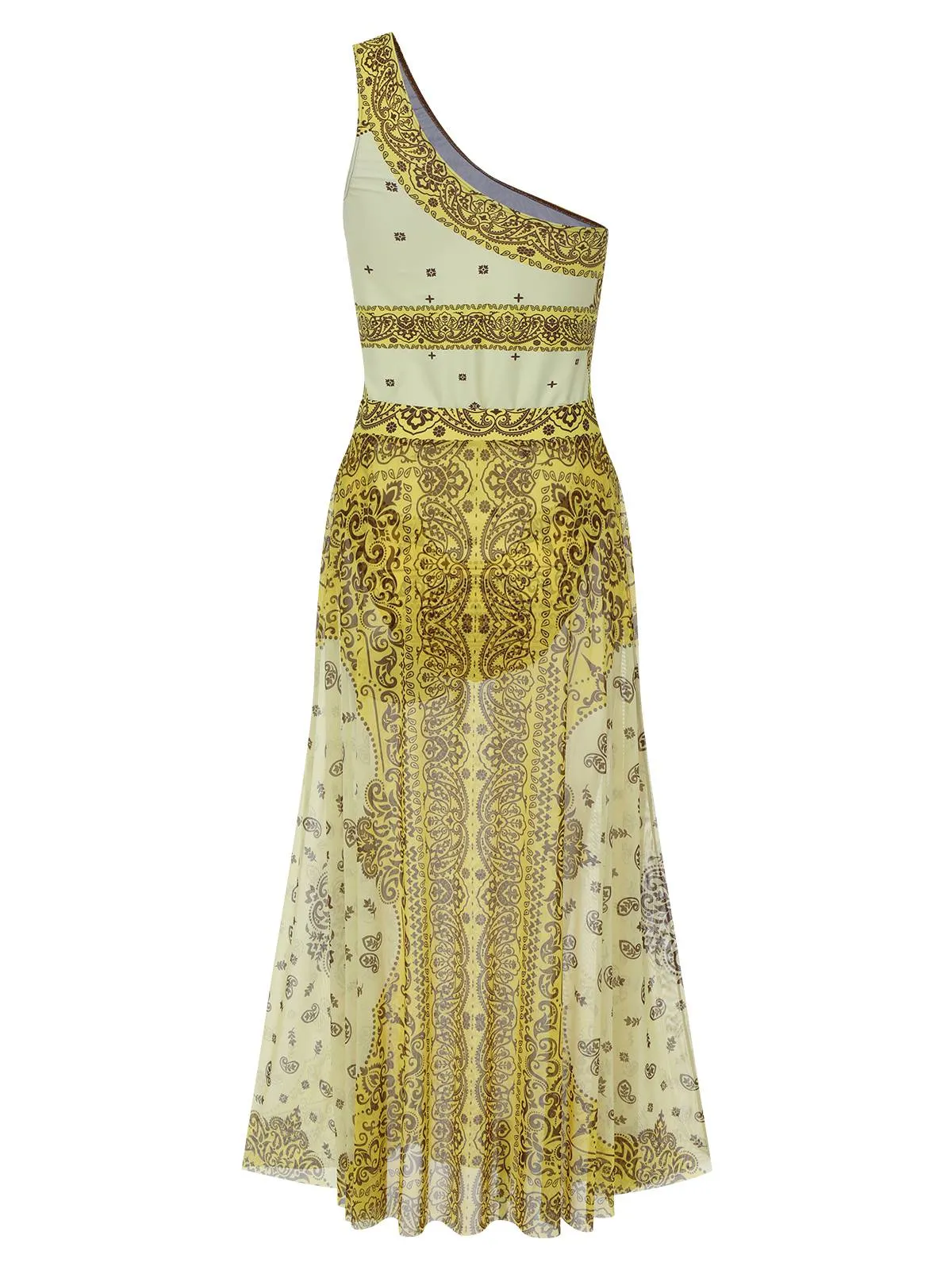 [Plus Size] 2PCS Yellow 1960s One-shoulder Swimsuit & Cover Up