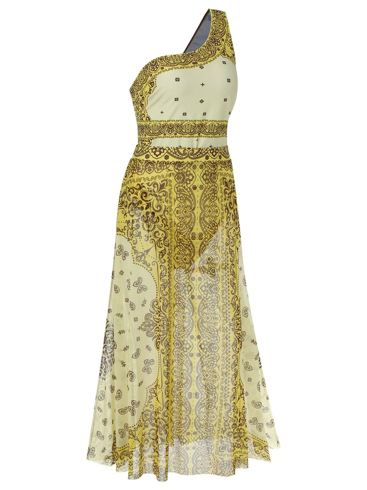 [Plus Size] 2PCS Yellow 1960s One-shoulder Swimsuit & Cover Up