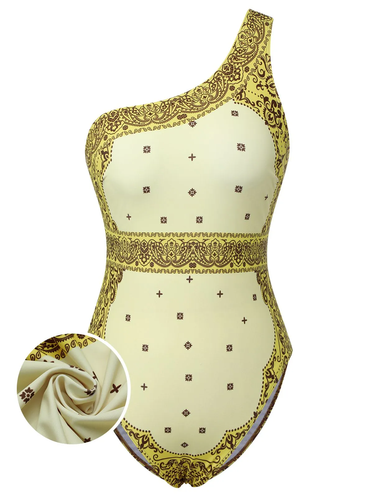 [Plus Size] 2PCS Yellow 1960s One-shoulder Swimsuit & Cover Up