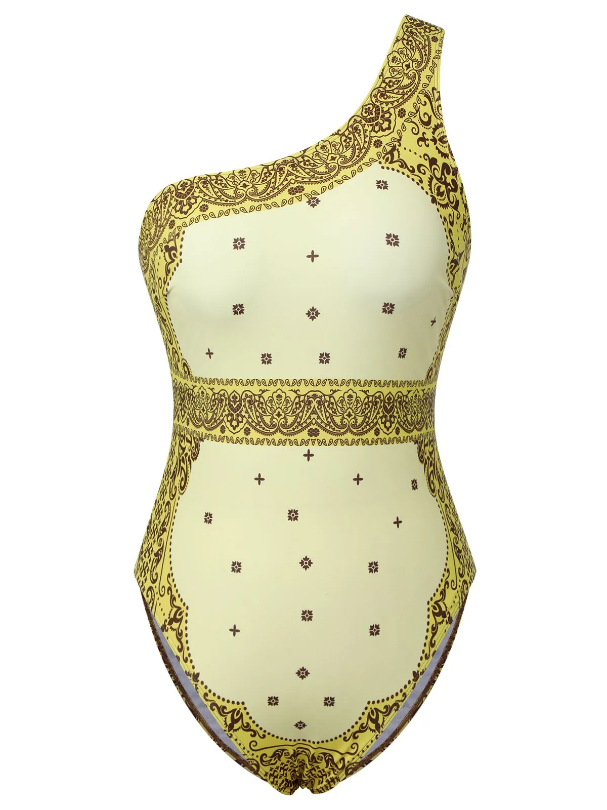 [Plus Size] 2PCS Yellow 1960s One-shoulder Swimsuit & Cover Up