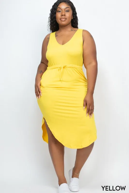 PLUS SIZE DRAWSTRING SLEEVELESS MIDI DRESS
