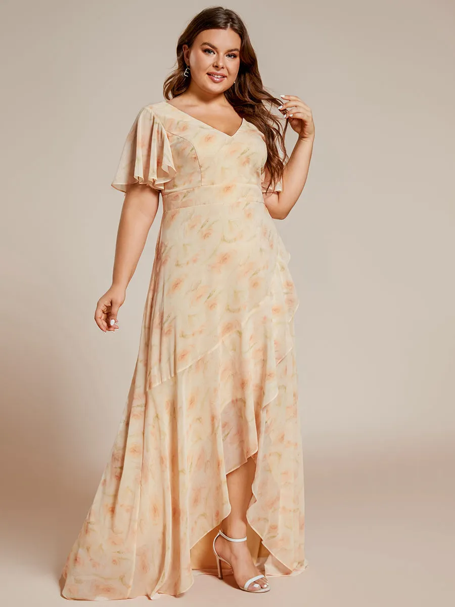 Plus V Neck High Low Ruffles Chiffon Wholesale Bridesmaid Dresses