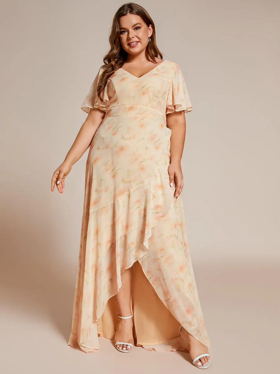 Plus V Neck High Low Ruffles Chiffon Wholesale Bridesmaid Dresses