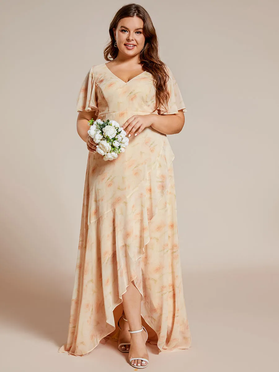 Plus V Neck High Low Ruffles Chiffon Wholesale Bridesmaid Dresses