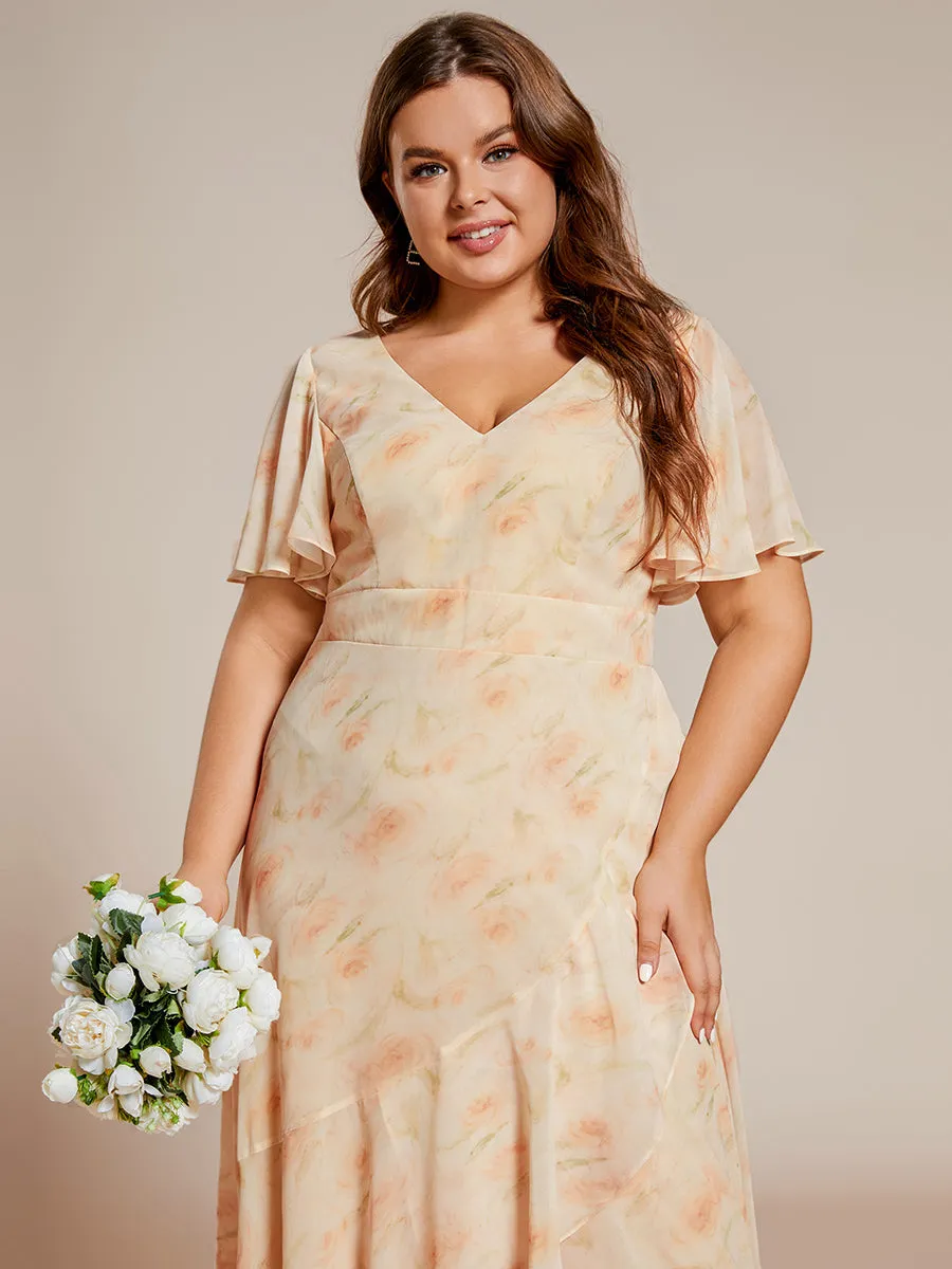 Plus V Neck High Low Ruffles Chiffon Wholesale Bridesmaid Dresses