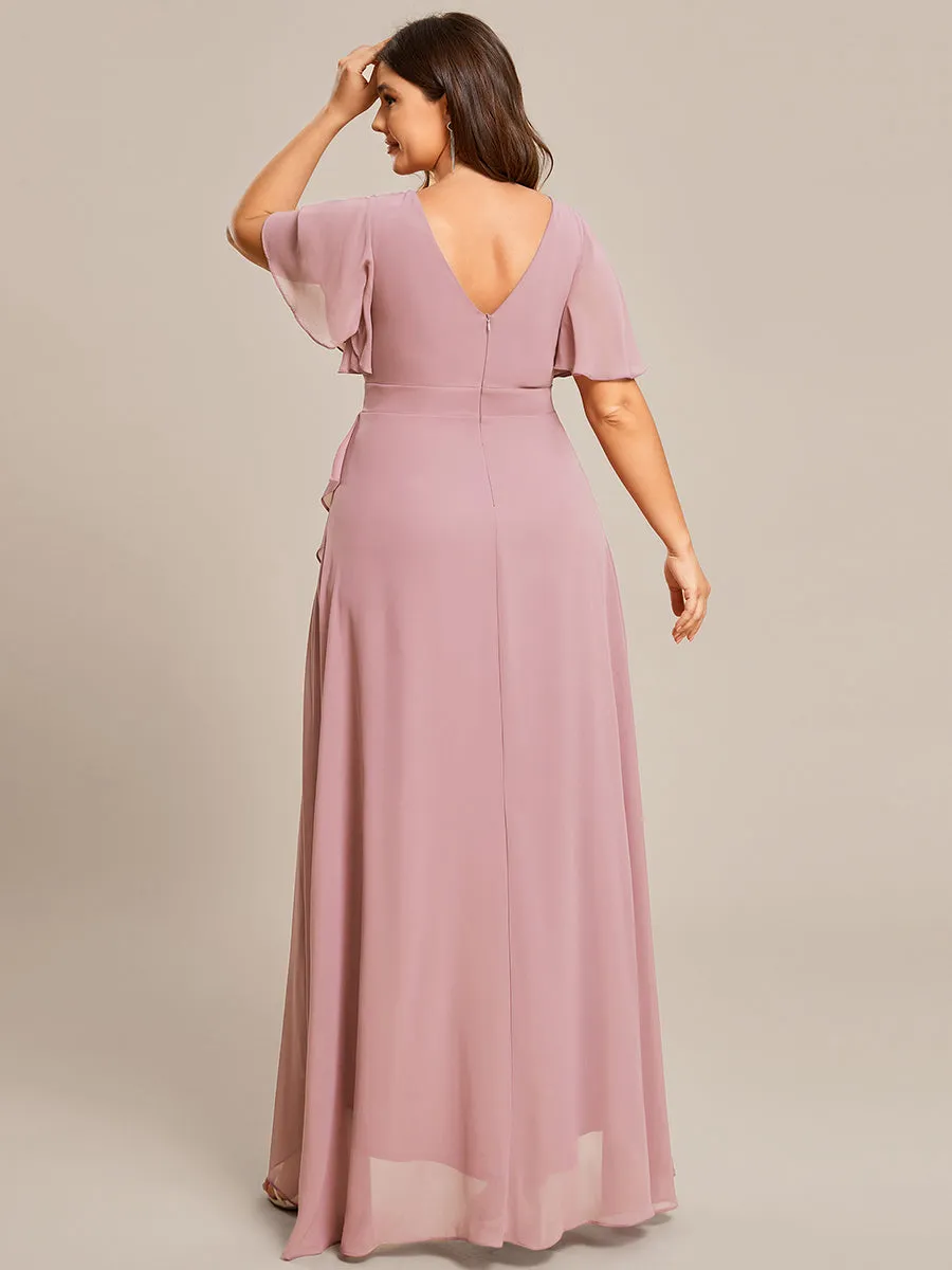Plus V Neck High Low Ruffles Chiffon Wholesale Bridesmaid Dresses