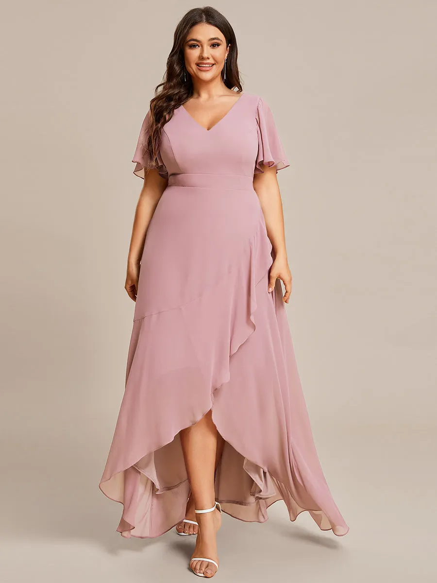 Plus V Neck High Low Ruffles Chiffon Wholesale Bridesmaid Dresses