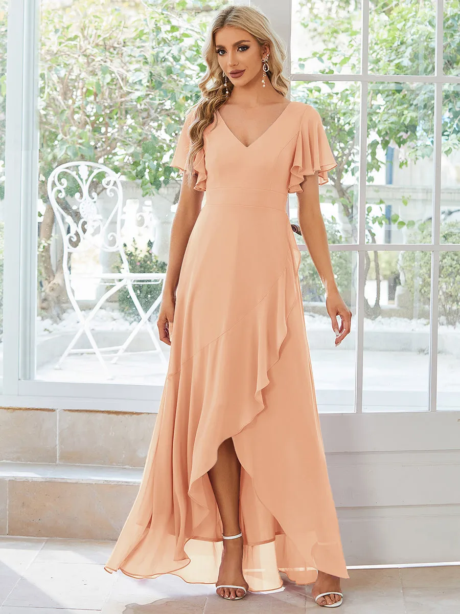 Plus V Neck High Low Ruffles Chiffon Wholesale Bridesmaid Dresses