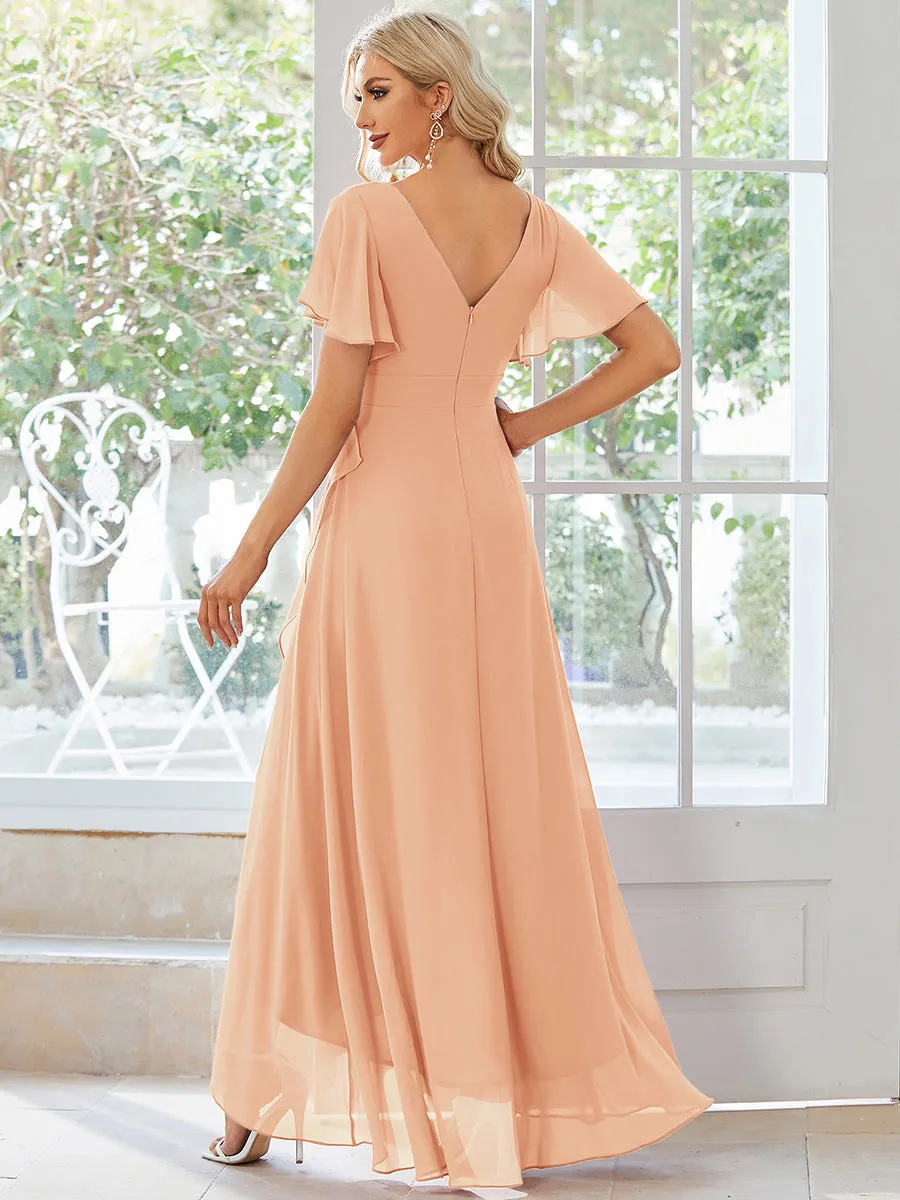 Plus V Neck High Low Ruffles Chiffon Wholesale Bridesmaid Dresses