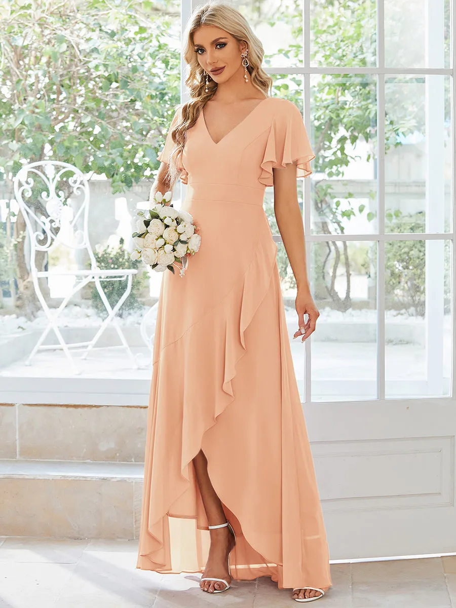 Plus V Neck High Low Ruffles Chiffon Wholesale Bridesmaid Dresses