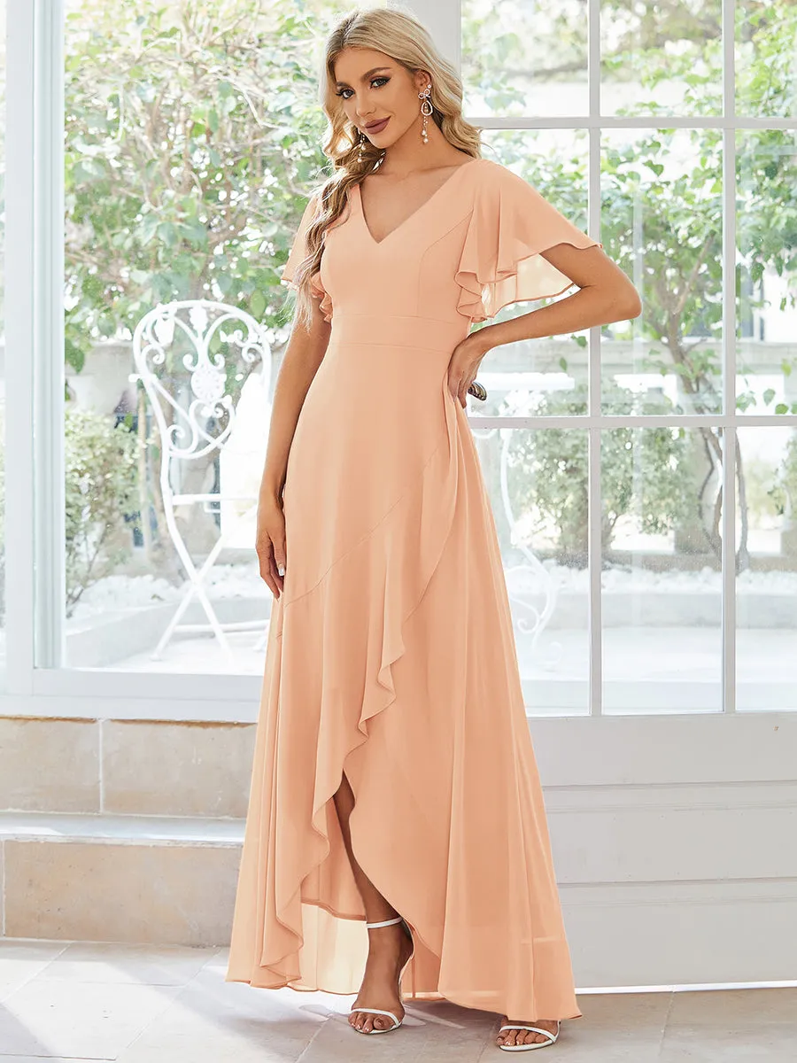 Plus V Neck High Low Ruffles Chiffon Wholesale Bridesmaid Dresses