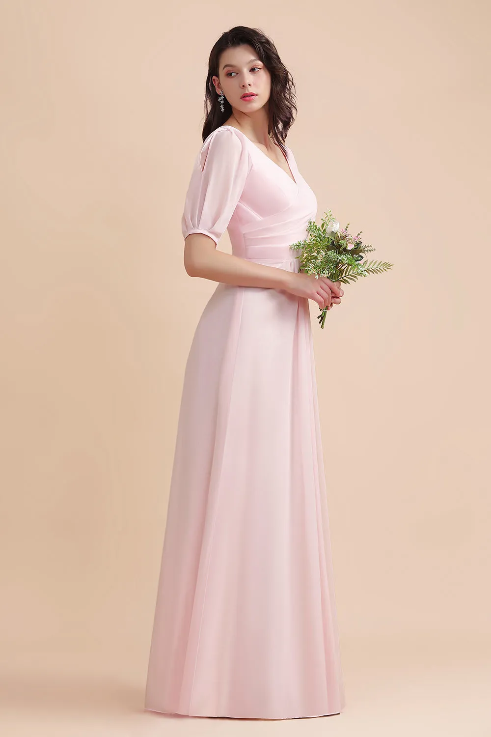 Pretty Long V-neck A-Line Chiffon Bridesmaid Dress with Sleeves