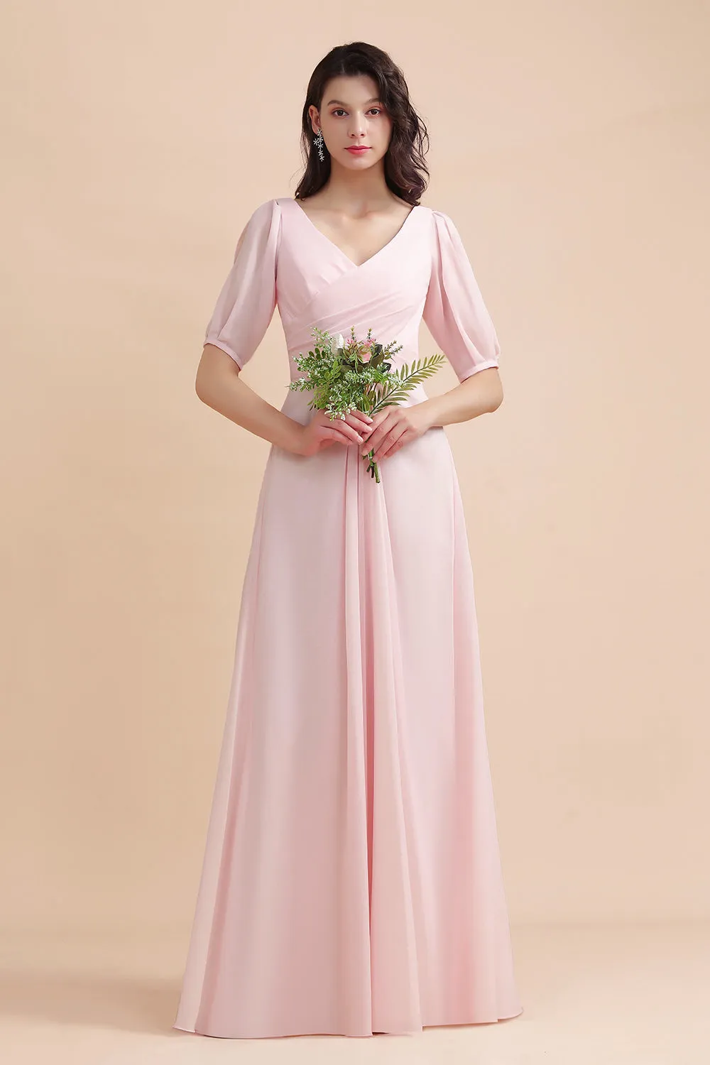 Pretty Long V-neck A-Line Chiffon Bridesmaid Dress with Sleeves