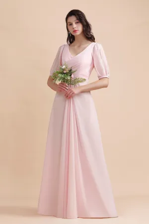 Pretty Long V-neck A-Line Chiffon Bridesmaid Dress with Sleeves