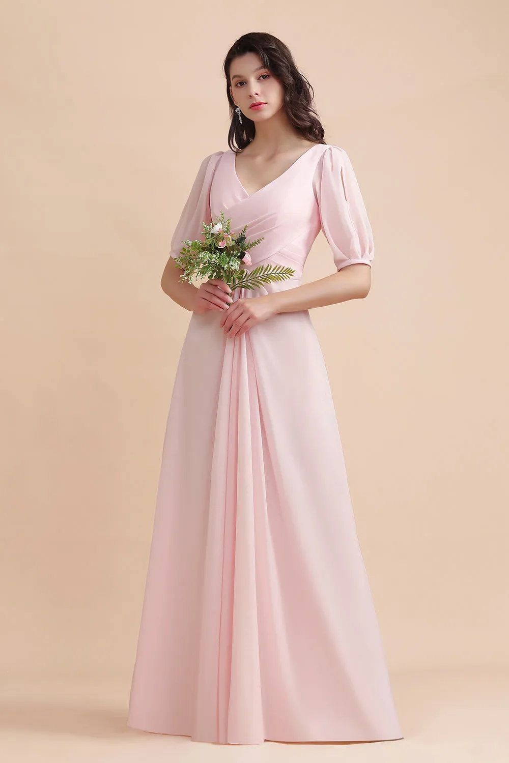 Pretty Long V-neck A-Line Chiffon Bridesmaid Dress with Sleeves
