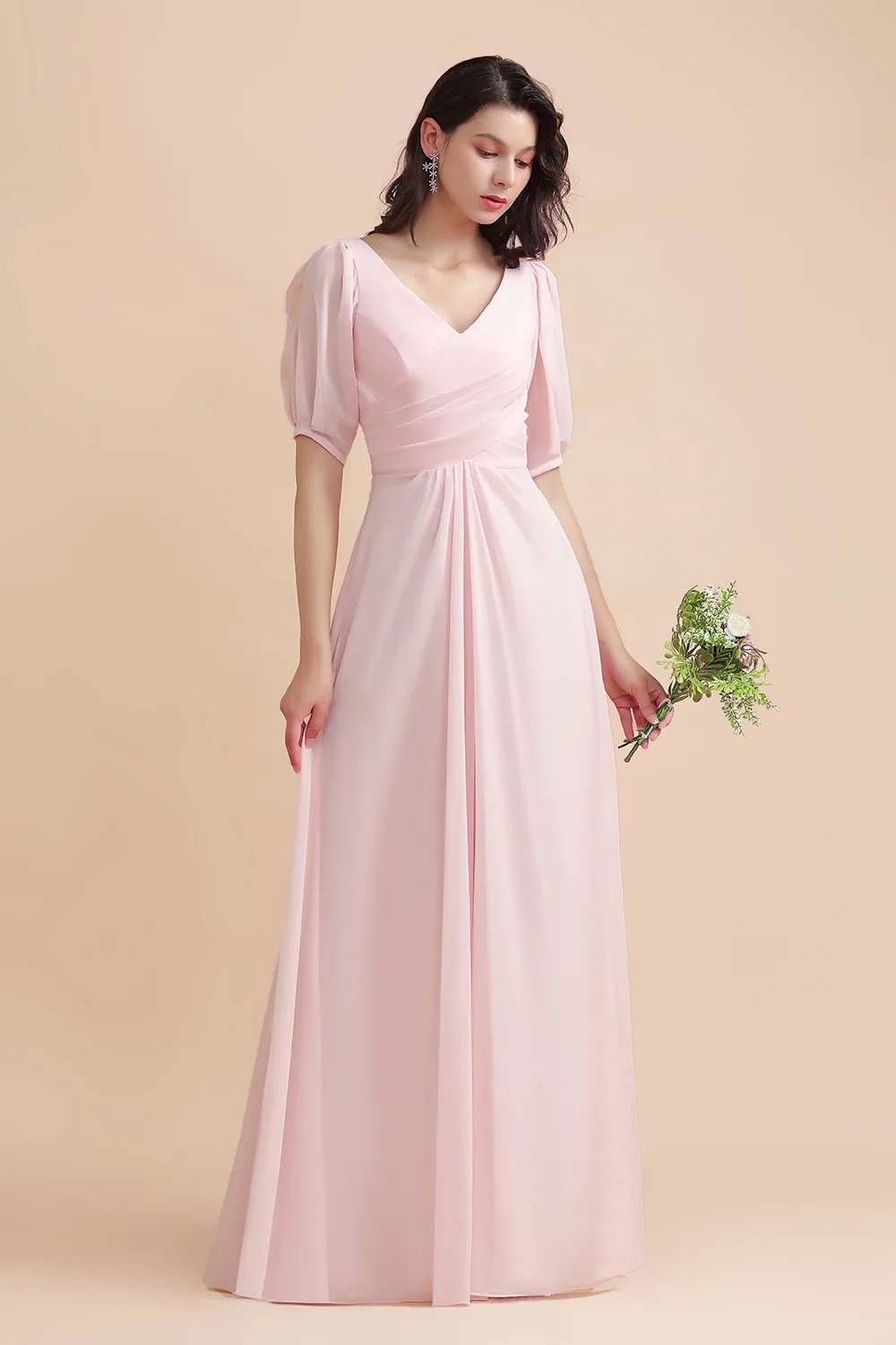 Pretty Long V-neck A-Line Chiffon Bridesmaid Dress with Sleeves