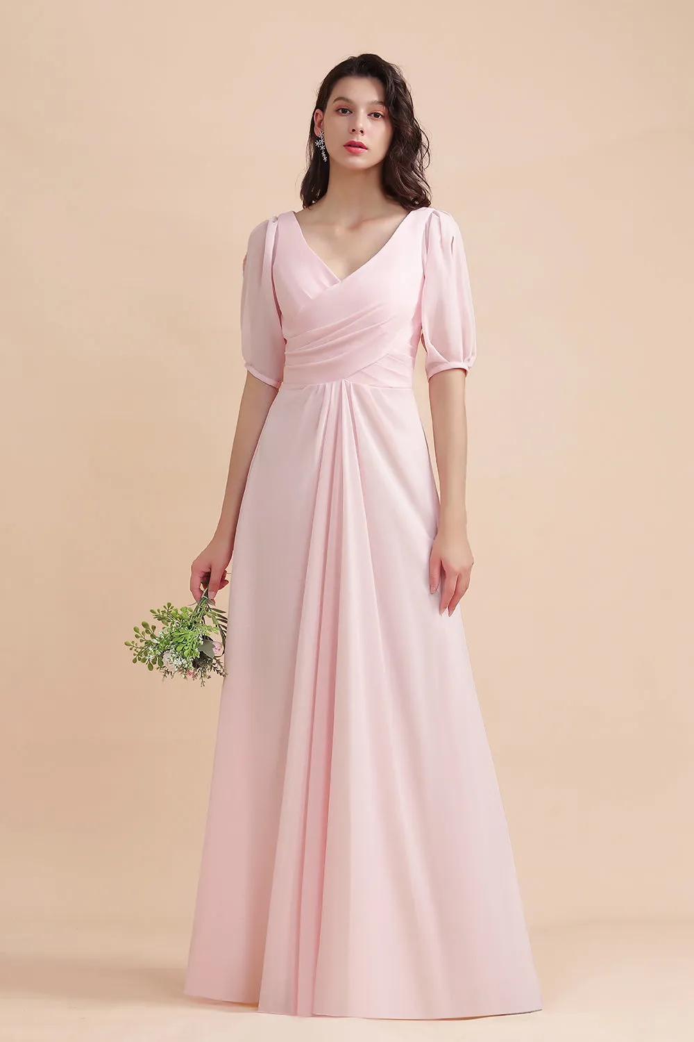 Pretty Long V-neck A-Line Chiffon Bridesmaid Dress with Sleeves