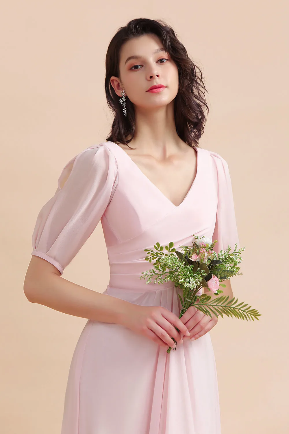 Pretty Long V-neck A-Line Chiffon Bridesmaid Dress with Sleeves