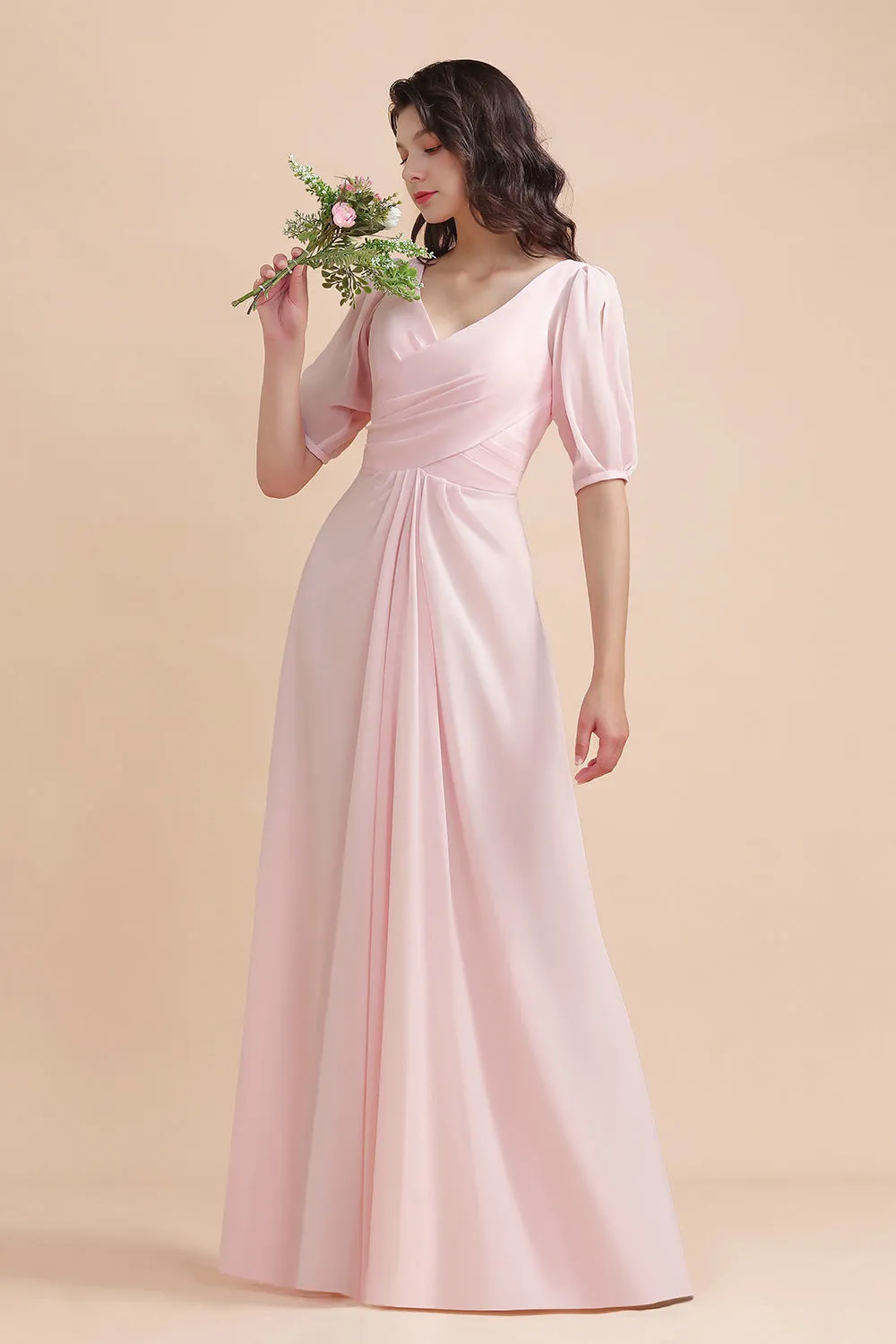 Pretty Long V-neck A-Line Chiffon Bridesmaid Dress with Sleeves