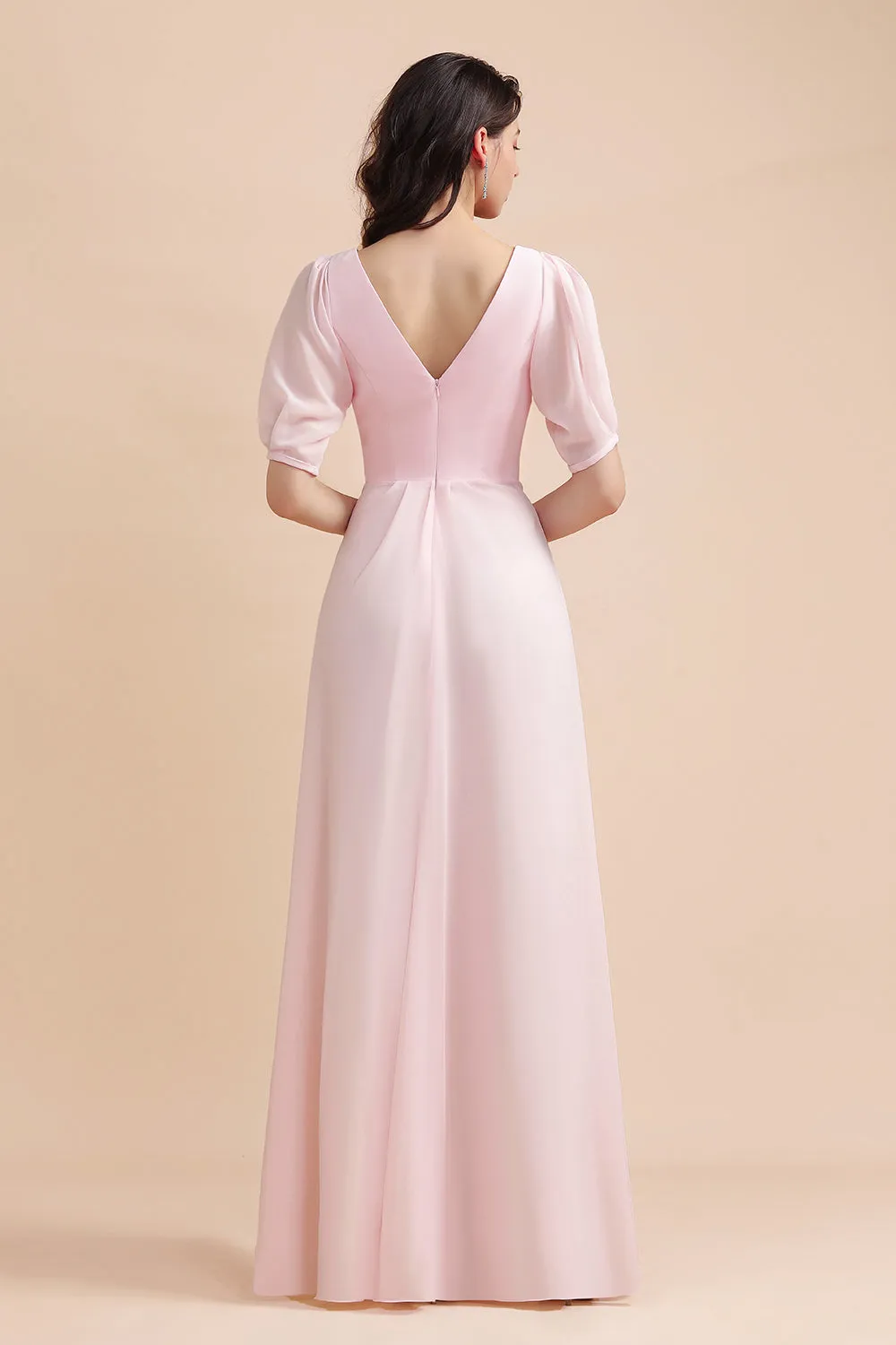 Pretty Long V-neck A-Line Chiffon Bridesmaid Dress with Sleeves