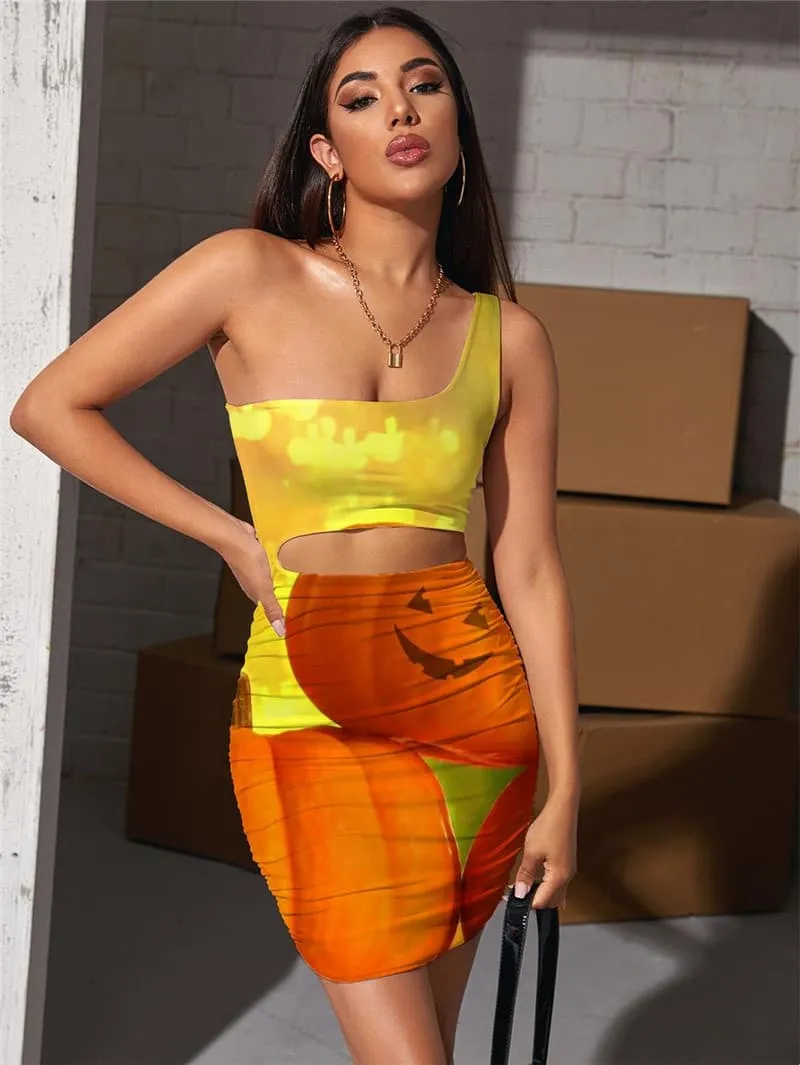 Pumpkin Dresses Women Halloween Halter Sleeveless Funny Bodycon Dress Harajuku Hollow out Dresses