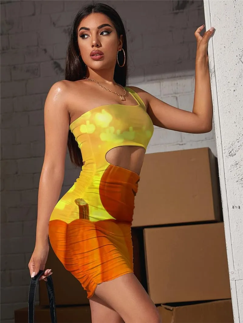 Pumpkin Dresses Women Halloween Halter Sleeveless Funny Bodycon Dress Harajuku Hollow out Dresses