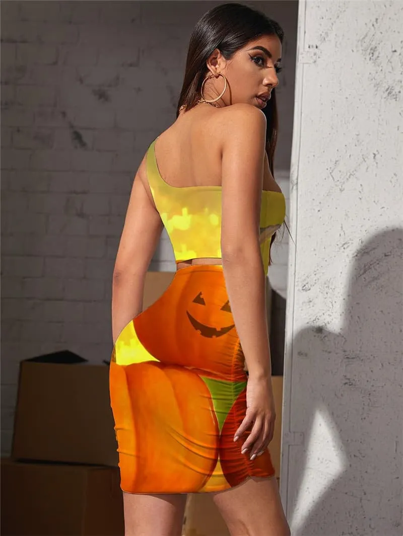 Pumpkin Dresses Women Halloween Halter Sleeveless Funny Bodycon Dress Harajuku Hollow out Dresses