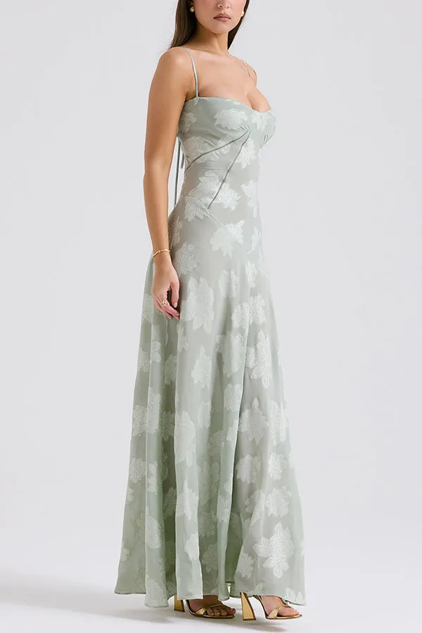 Romantic Vintage Feel Jacquard Fabric Back Lace-up Slip Floaty Maxi Dress