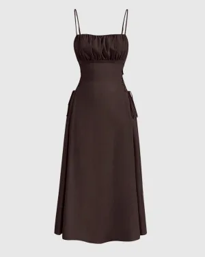 Ruched Bust Lace Up Side Spaghetti Straps Coco Brown Cami Dress