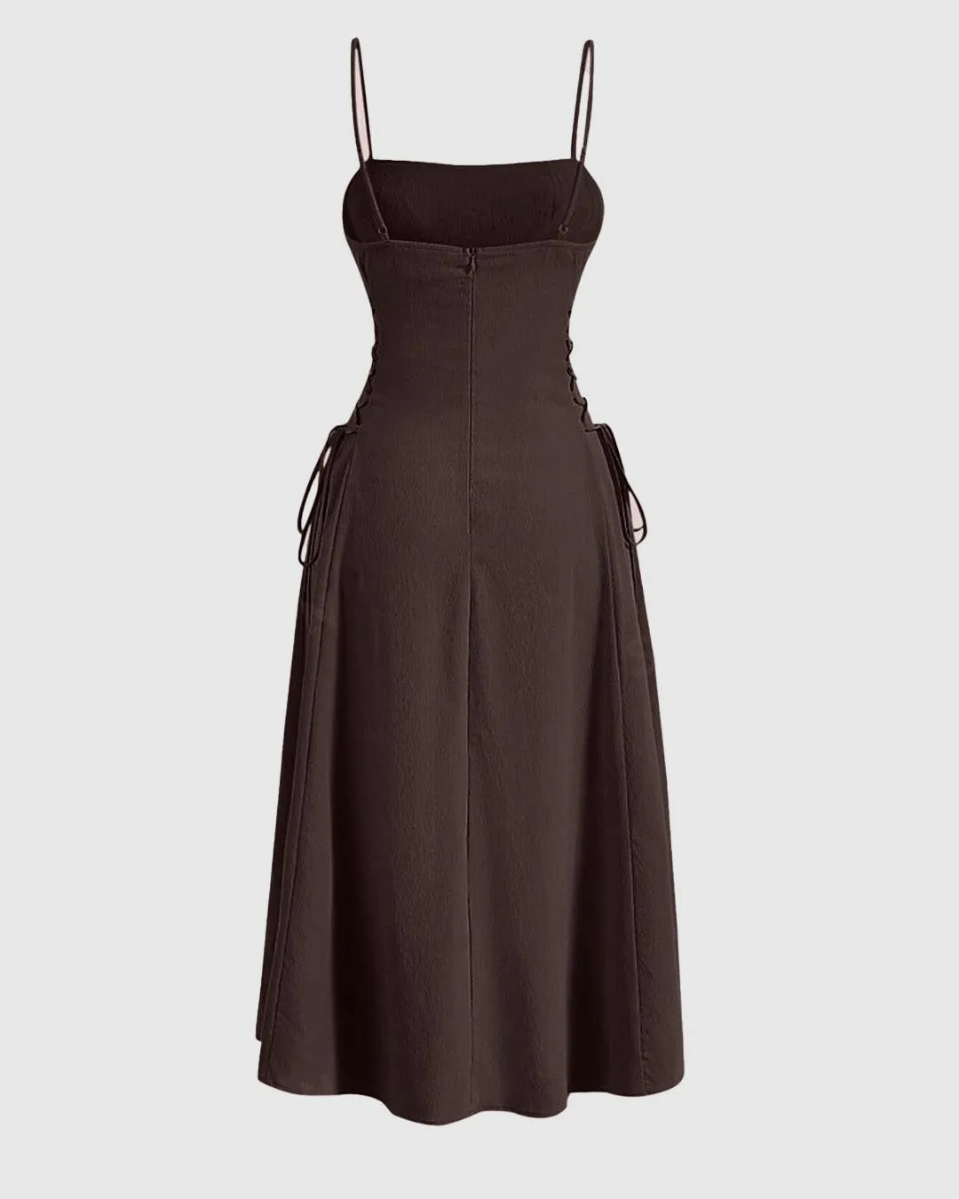 Ruched Bust Lace Up Side Spaghetti Straps Coco Brown Cami Dress