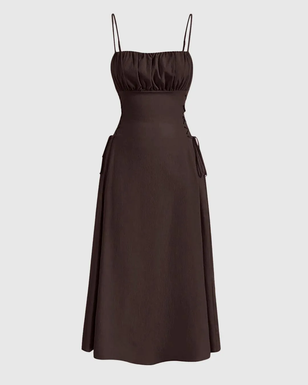 Ruched Bust Lace Up Side Spaghetti Straps Coco Brown Cami Dress