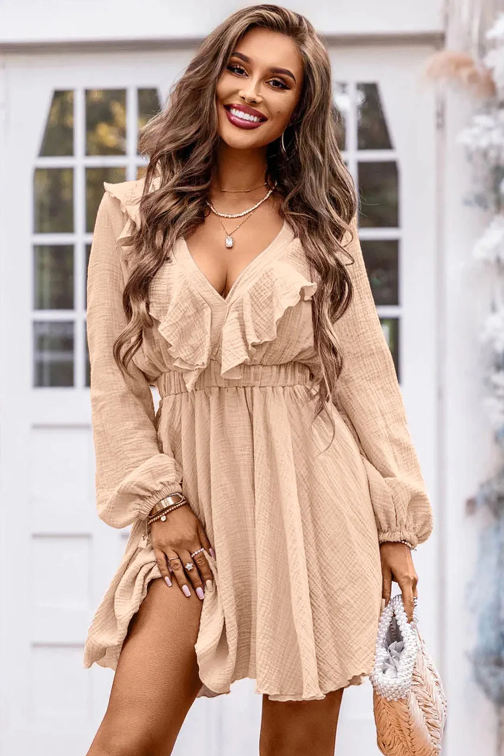 Ruffle Trim V-Neck Resort Mini Dress