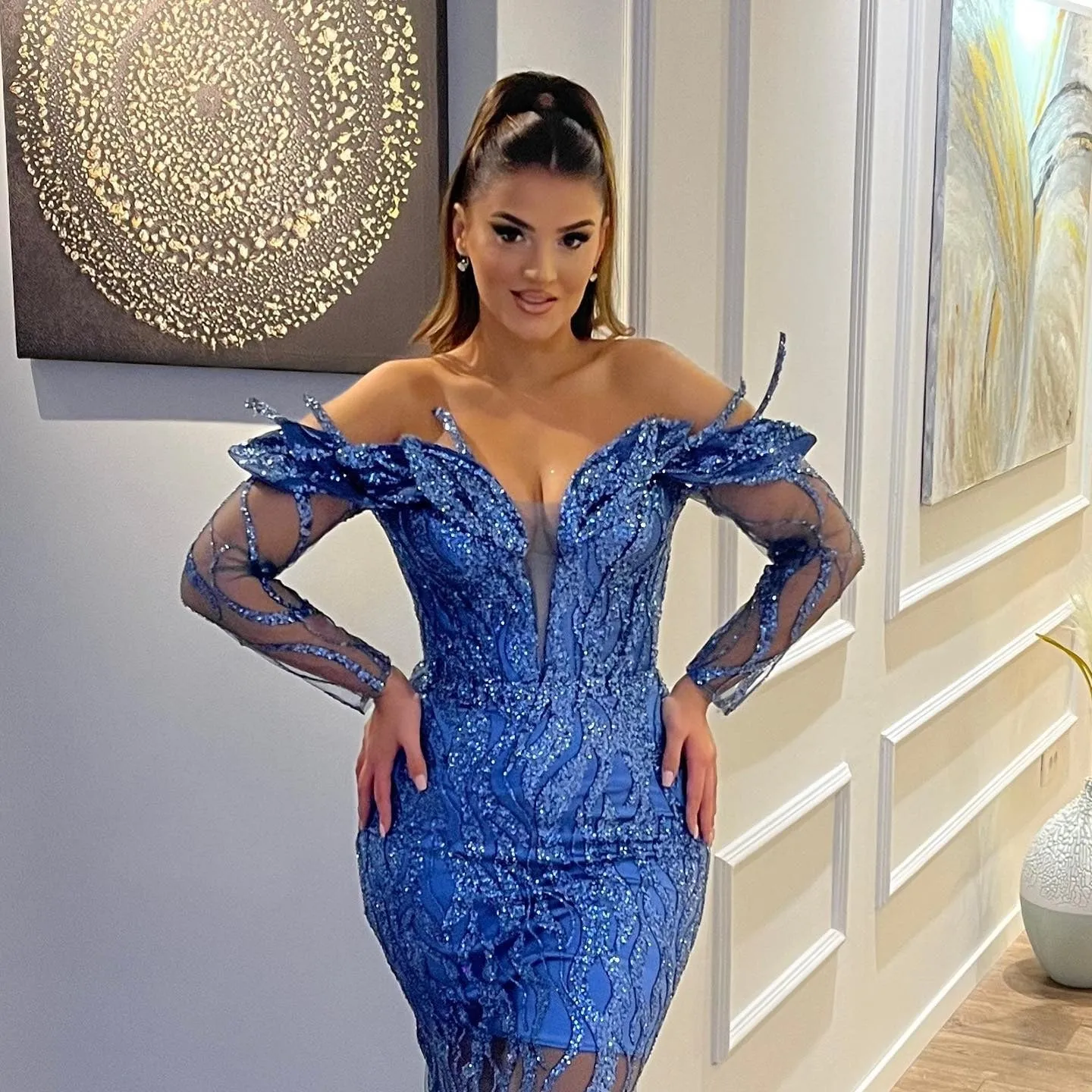 Sexy Long Mermaid Off the Shoulder Tulle Lace Formal Evening Dresses