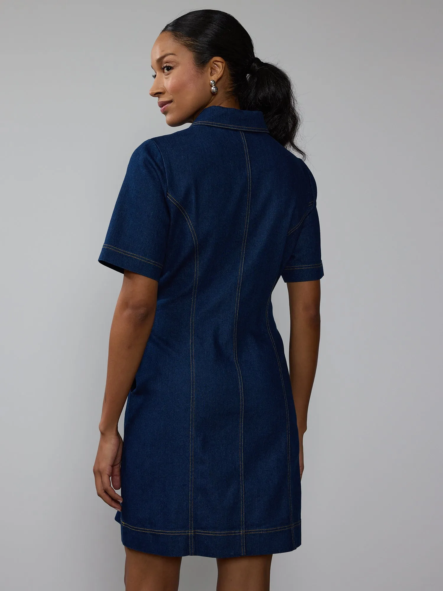 Short Sleeve Zipper Denim Mini Dress