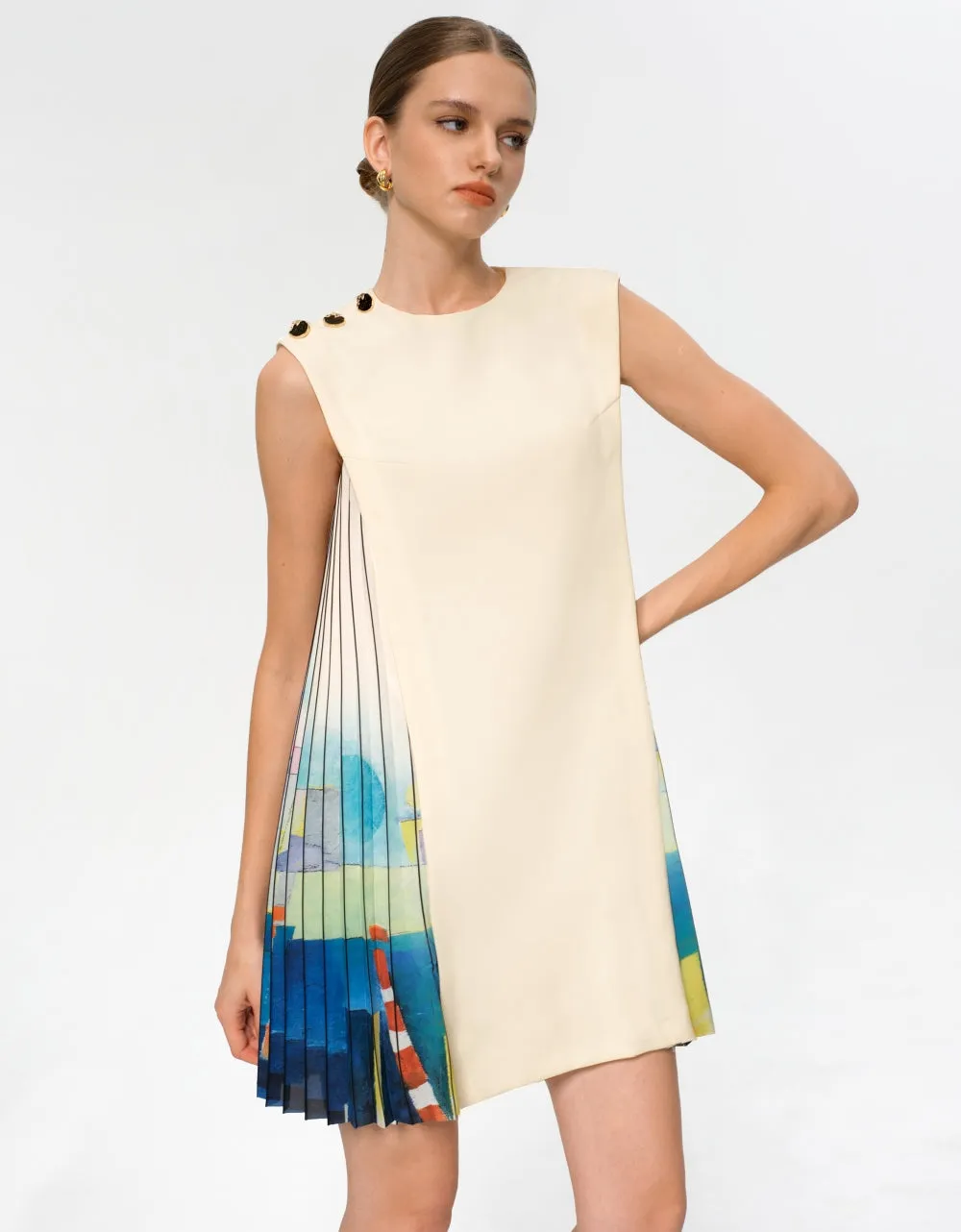 Side Printed Pleated Shift Dress