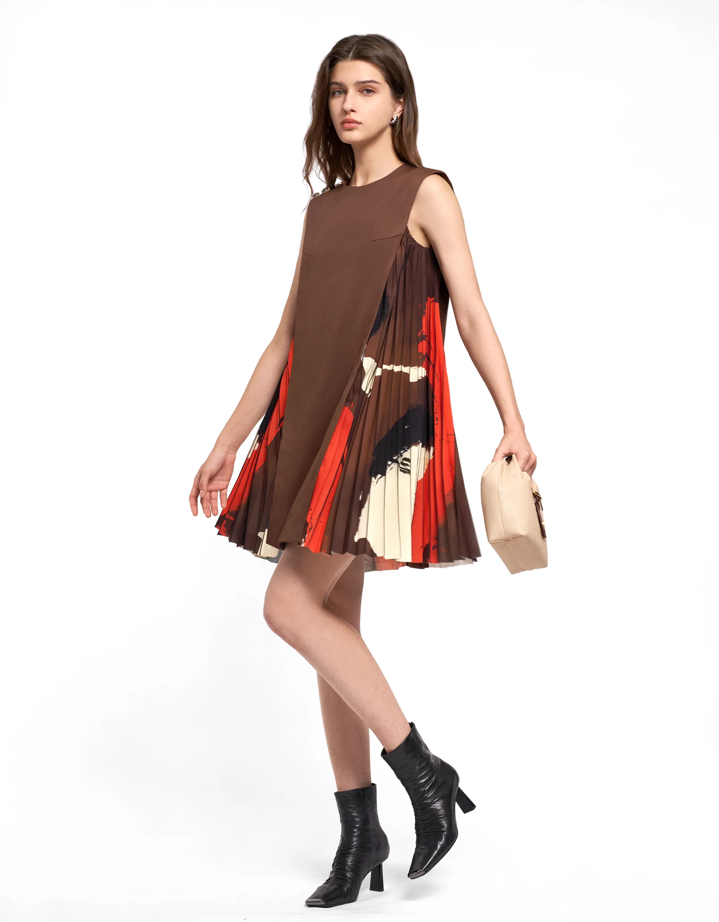 Side Printed Pleated Shift Dress