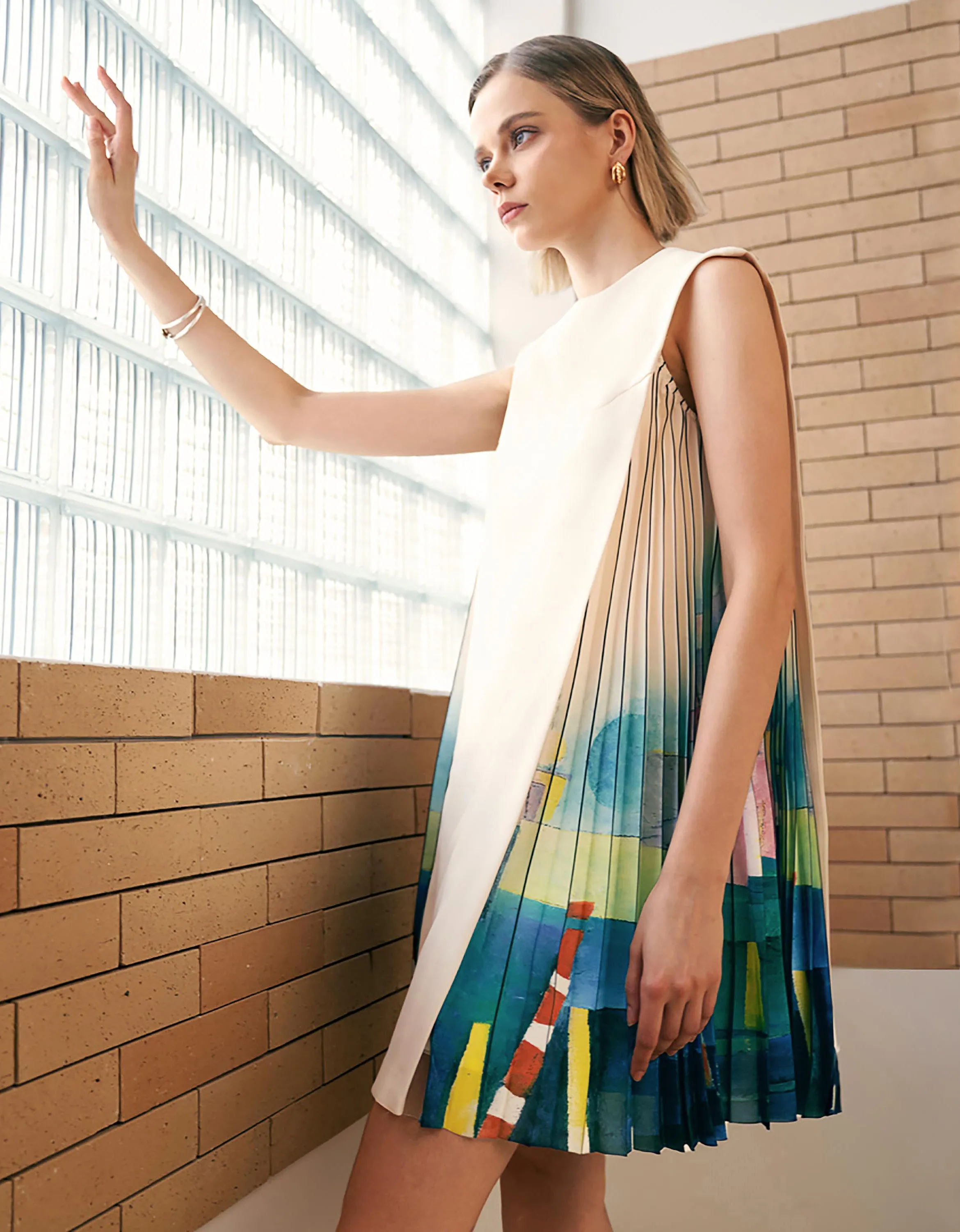 Side Printed Pleated Shift Dress