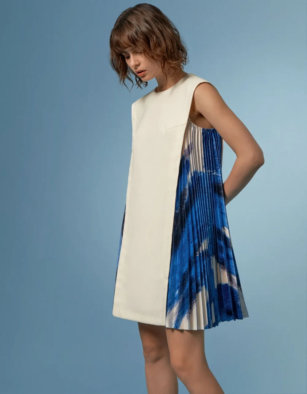 Side Printed Pleated Shift Dress