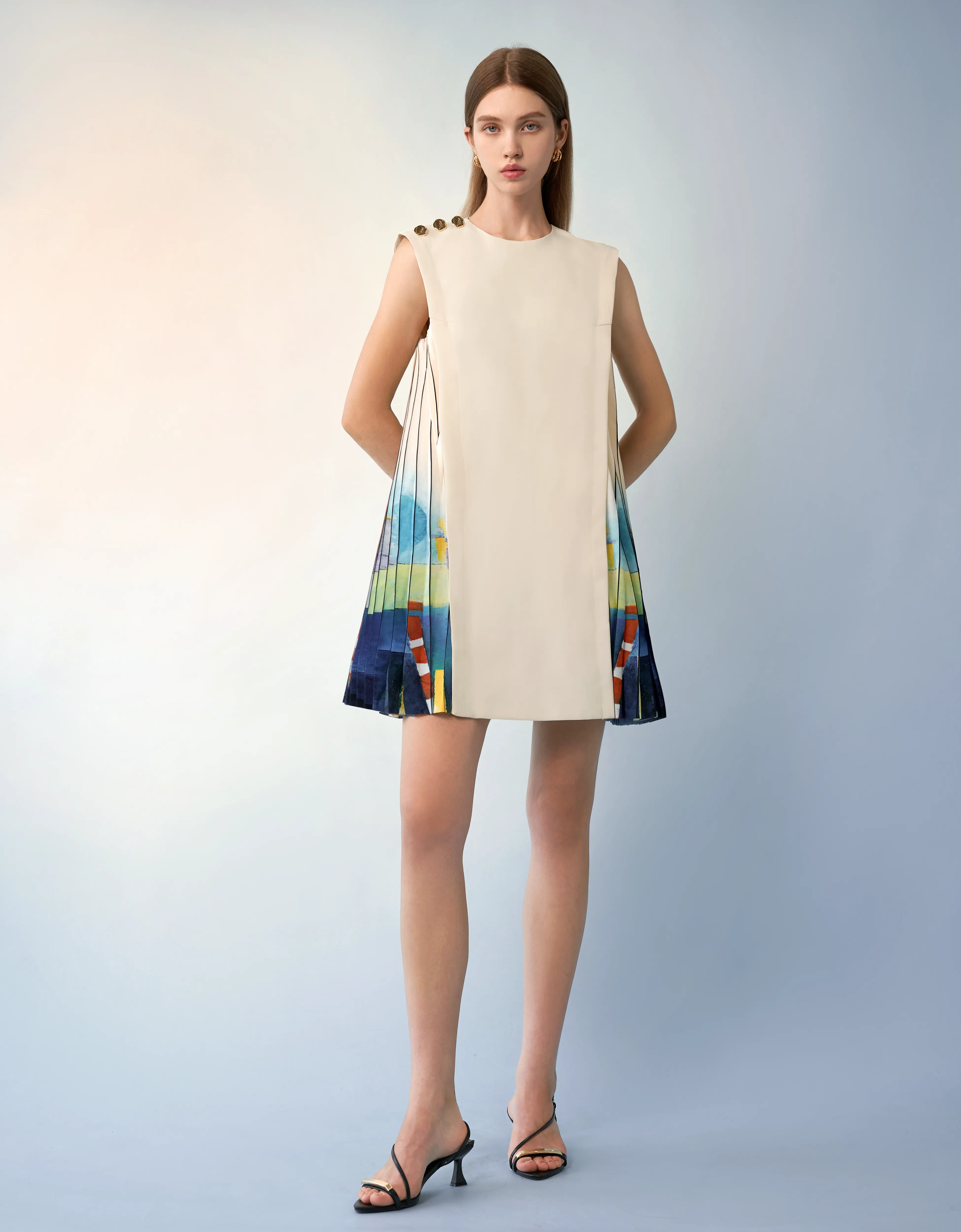 Side Printed Pleated Shift Dress