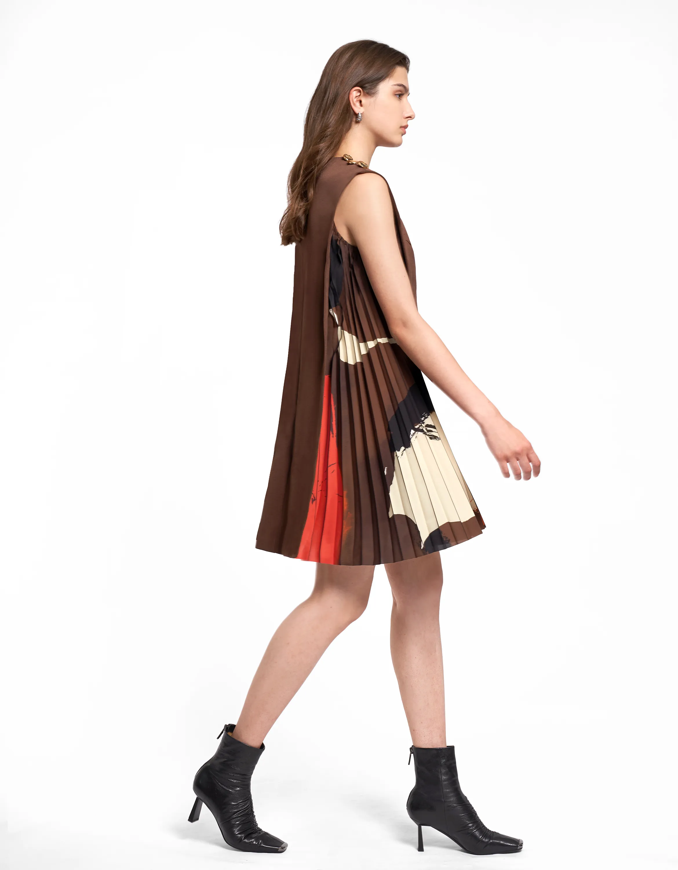 Side Printed Pleated Shift Dress
