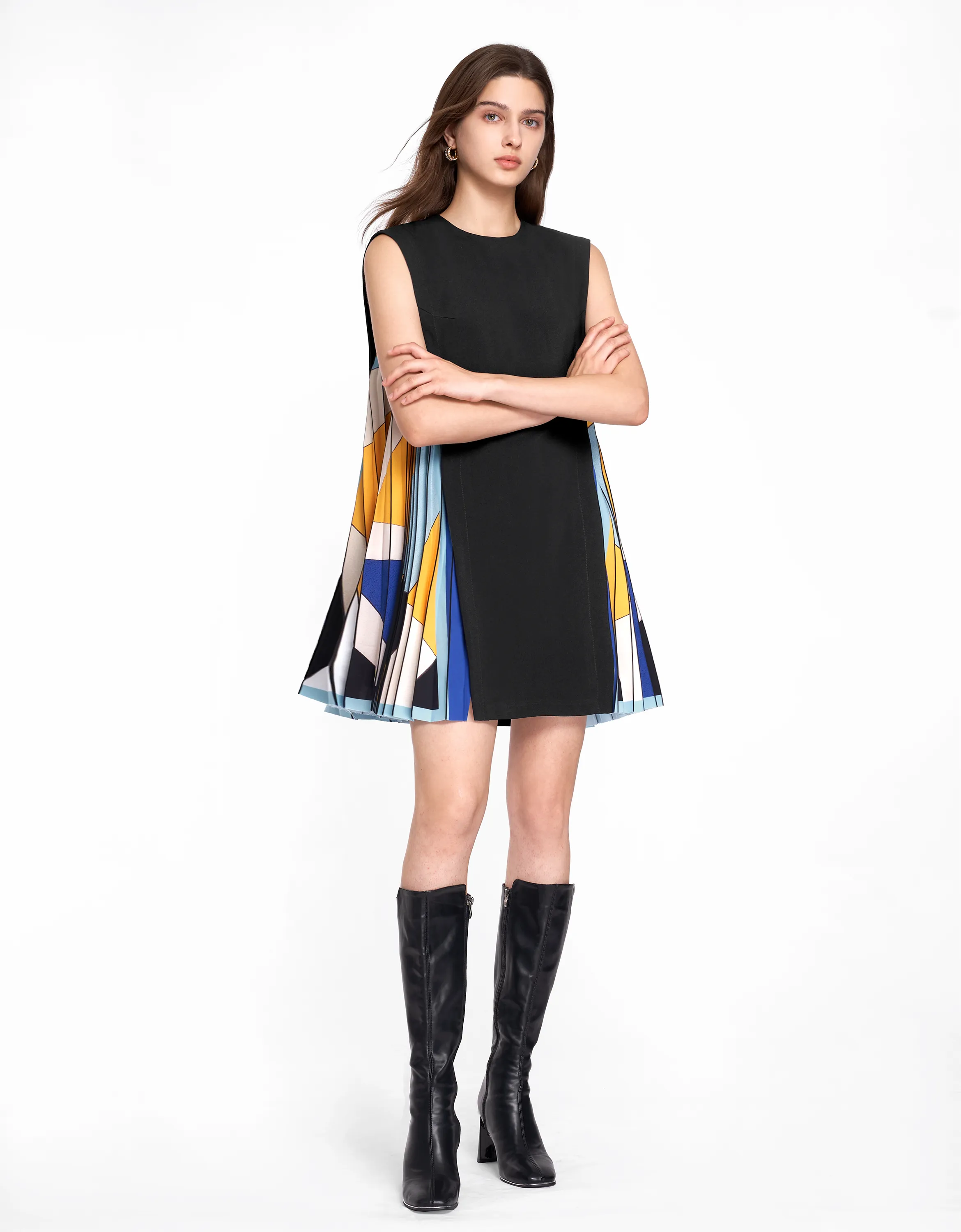 Side Printed Pleated Shift Dress