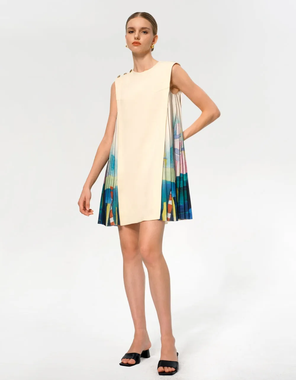 Side Printed Pleated Shift Dress