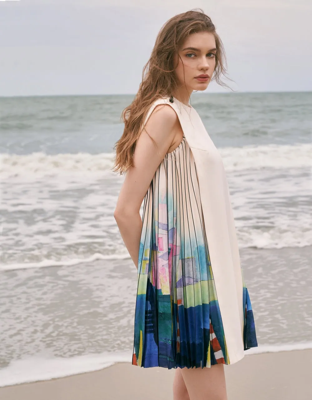 Side Printed Pleated Shift Dress