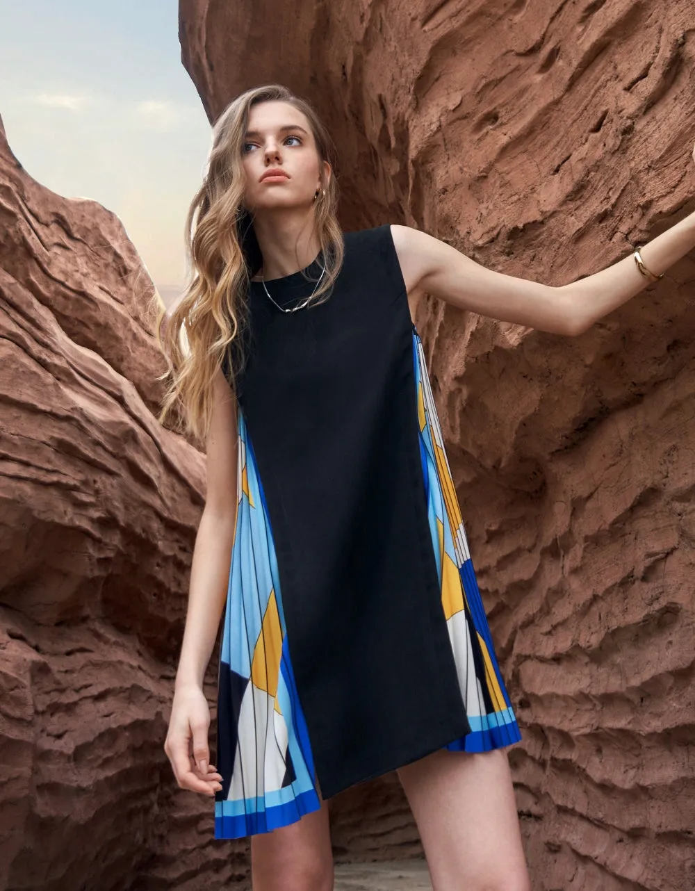 Side Printed Pleated Shift Dress