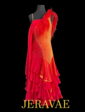 Sleeveless Red and Orange Ballroom Dress with Long Multi-Layered Chiffon Skirt, Attached Float, Feather Detail on One Shoulder, and Swarovski Stones Sz M Smo216
