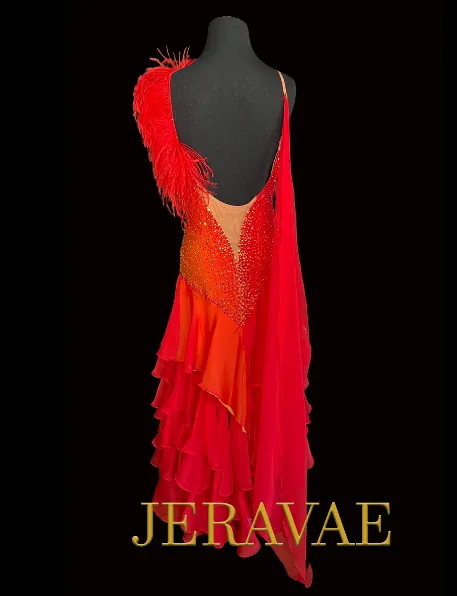 Sleeveless Red and Orange Ballroom Dress with Long Multi-Layered Chiffon Skirt, Attached Float, Feather Detail on One Shoulder, and Swarovski Stones Sz M Smo216