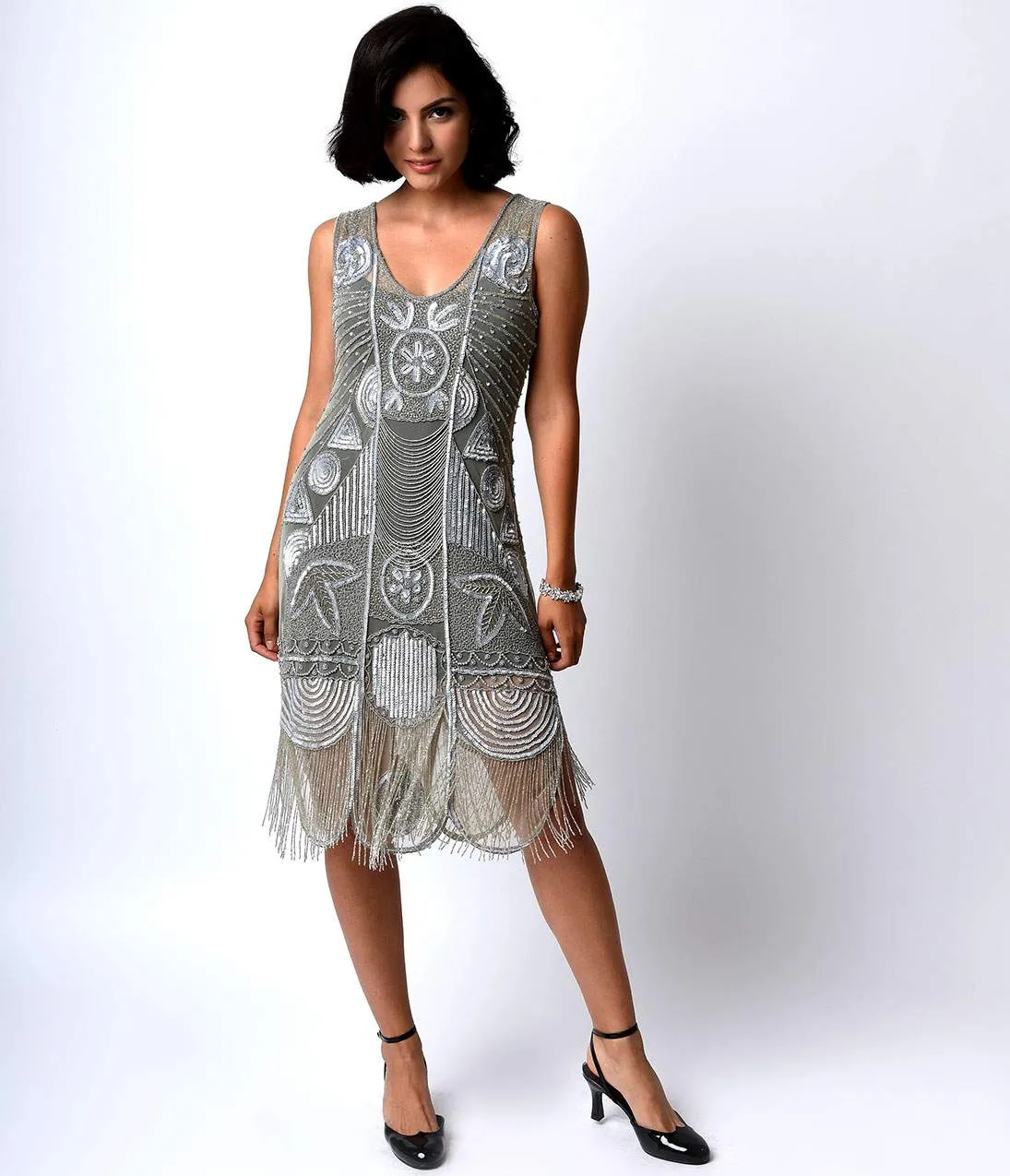 Special Order - Unique Vintage 1920s Style Silver Hand Beaded Fringe Bosley Flapper Dress